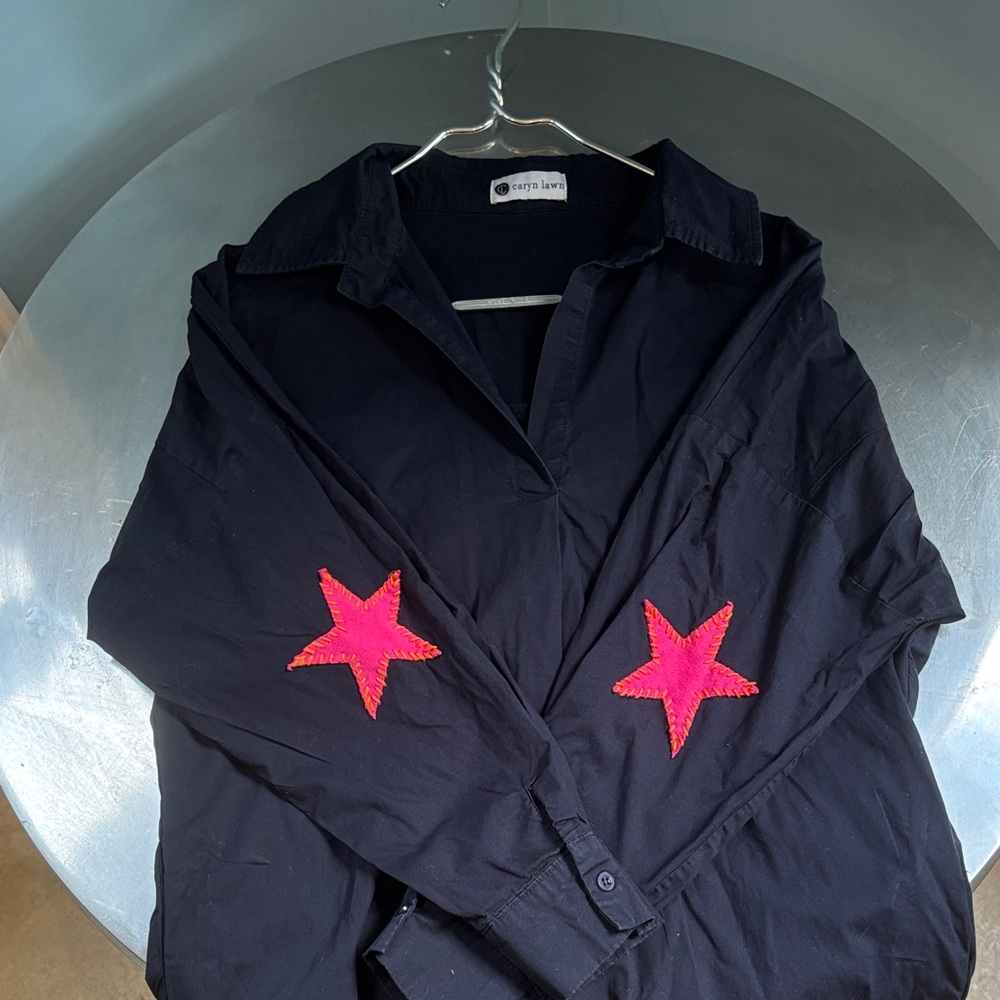 Caryl Lawn navy blue coverup/shirt/dress  with embroidered Pink Star Patches. M